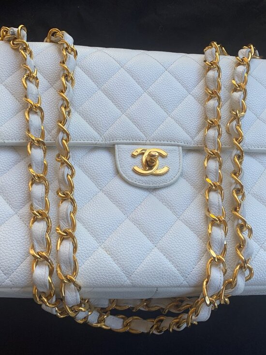 CHANEL Handbags - CHANEL Classic White Classic Flap Handbag, Caviar, 24k Hardware, 1997 era